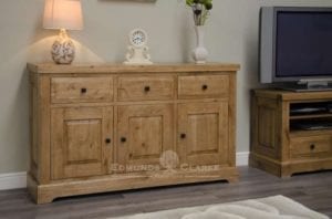 Melford deluxe solid oak large sideboard. Deluxe Rustic Solid Oak large sideboard with three drawers three doors oak shelves and solid oak wine rack inside cupboards DLXLSB